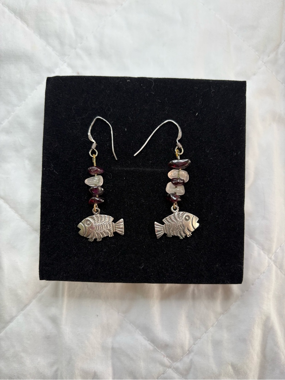 925 Sterling Silver Fish Dangle Earrings with amethyst  and rose quart